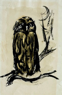 Heinz Tetzner - Eule auf Ast Mitternacht - Aquarell&hellip;