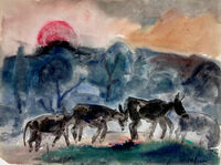 Heinz Tetzner - Tiere mit untergehender Sonne - Aquarell&hellip;