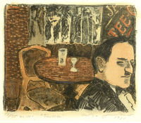 Teestube - 18,5 x 22,7 - Lithografie übermalt 1980&hellip;